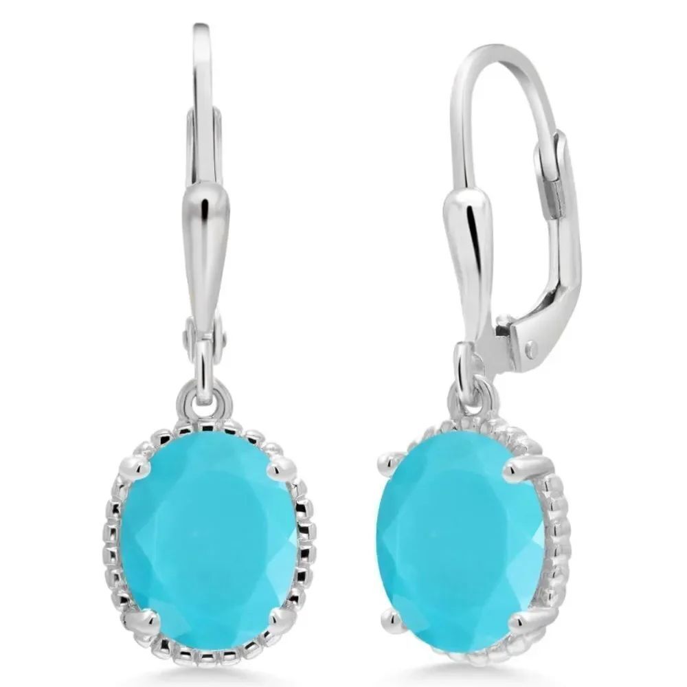 925 Sterling Silver with 3.00 Cttw Blue Turquoise Oval Leverback Hook Earrings